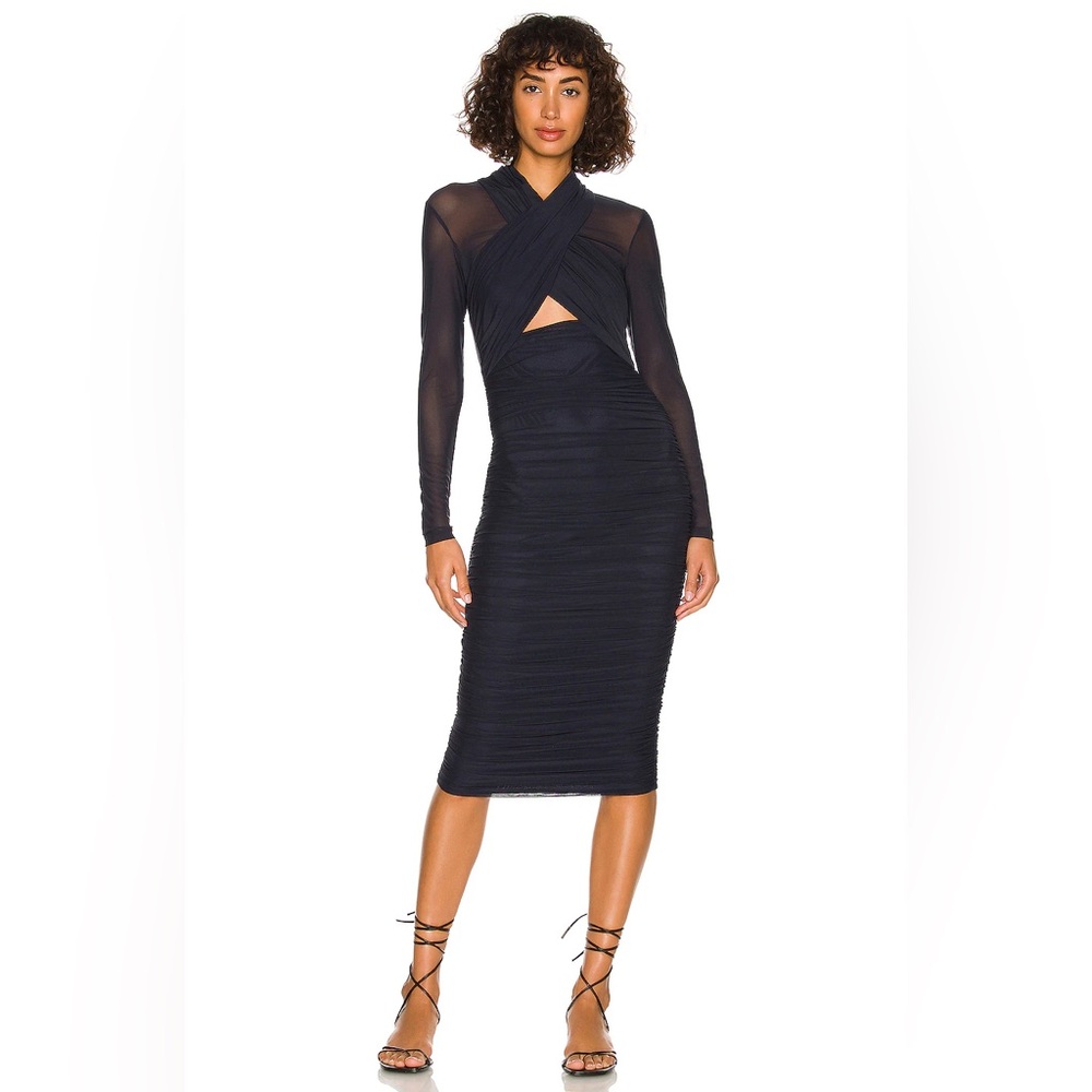 Bardot Black Sheer-Sleeve Ruched Aliya‎ Dress with Waist Cutout Sz. 4/XS